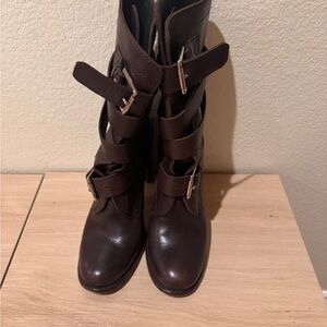Celine Women’s Brown Buckle Strap Leather Boots
